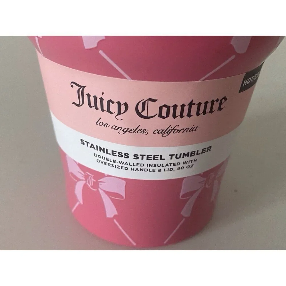 Juicy Couture Pink Bows 40 Oz Tumbler Stainless Steel Steel Oversized Handle NEW